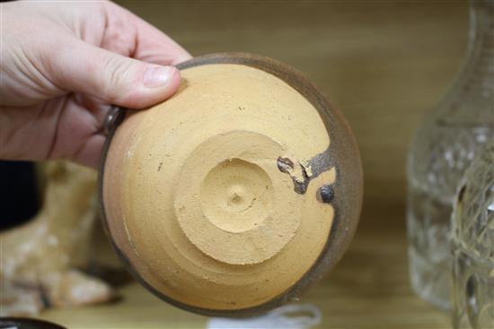 Chinese Sung/Yuan brown glazed bowls and an inscribed Jian hares fur teabowl and a Han dynasty pottery dog (4)